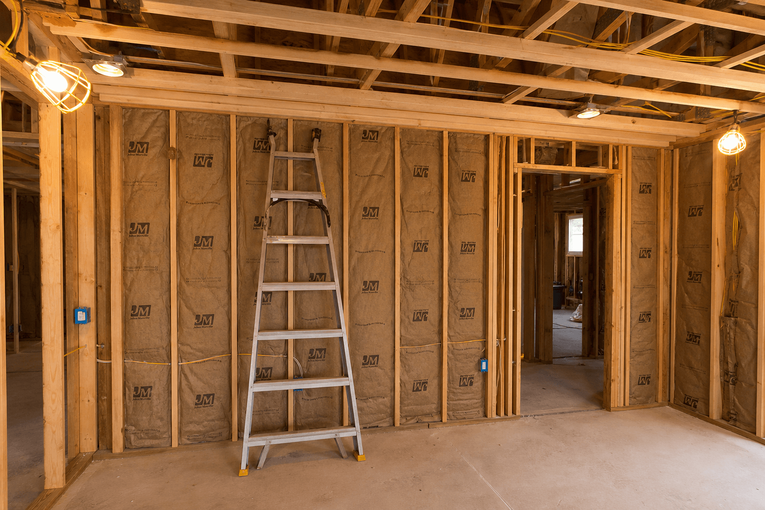 Before — bare wall studs and framing ready for drywall installation